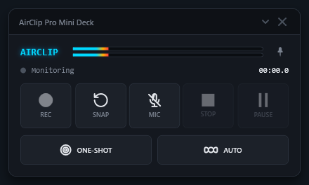 AirClip Mini Deck monitoring audio with active VU meters