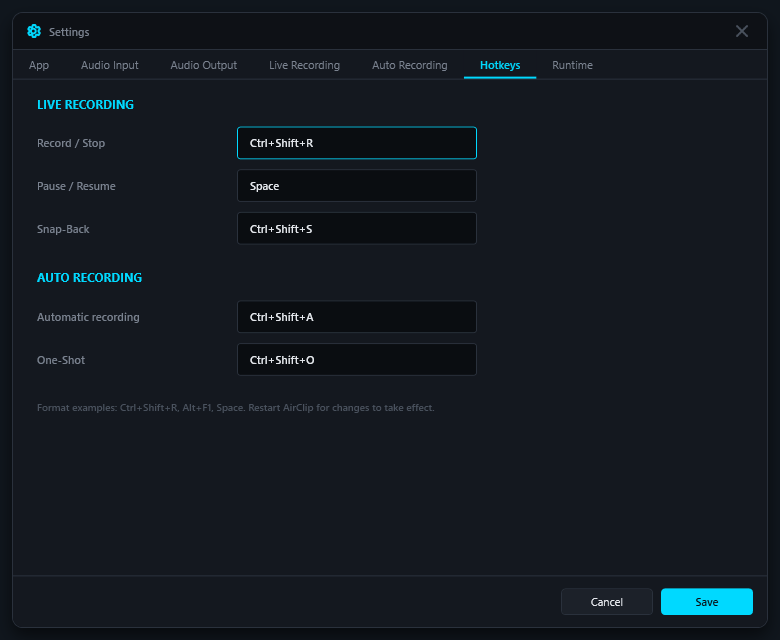 AirClip Hotkeys settings