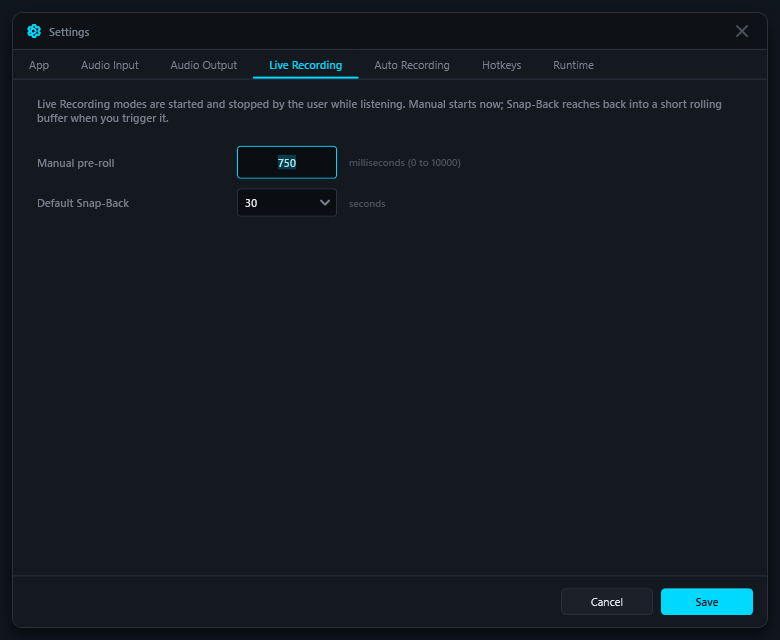 AirClip Live Recording settings
