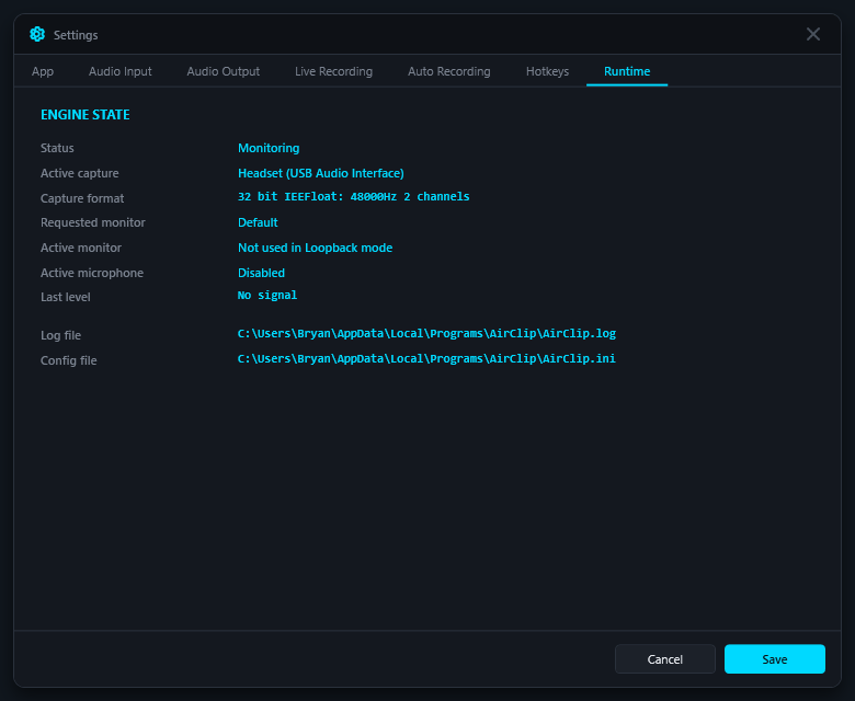 AirClip Runtime Status settings